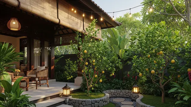 Teras Tropis dengan Kebun Buah di Sudut Samping