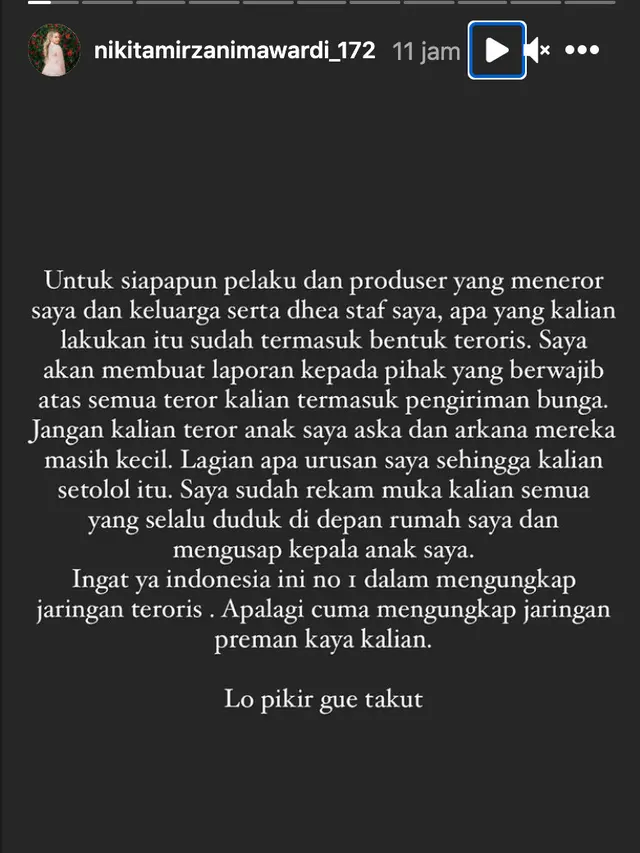 Unggahan Nikita Mirzani soal teror. (Foto: Instagram @nikitamirzanimawardi_172)
