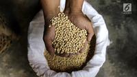 Pekerja menunjukkan kedelai untuk membuat tempe, Kemayoran, Jakarta, Kamis (6/9). Harga kedelai untuk produksi tempe meningkat dari Rp 6.500 menjadi Rp 7.700 pascanilai tukar dolar mengalami kenaikan terhadap rupiah. (Liputan6.com/Herman Zakharia)