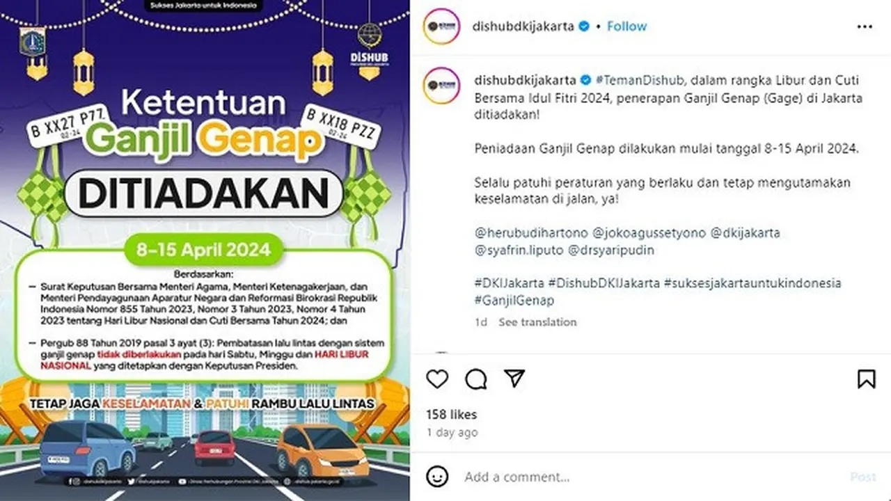 Pemerintah Provinsi (Pemprov) DKI Jakarta meniadakan peraturan ganjil genap selama libur dan cuti bersama Lebaran 2024. (Instagram @dishubdkijakarta)