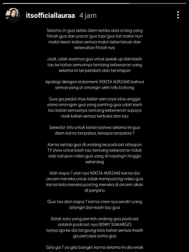 Unggahan Lolly anak Nikita Mirzani. (Foto: Dok. Instagram @itsofficiallauraa)