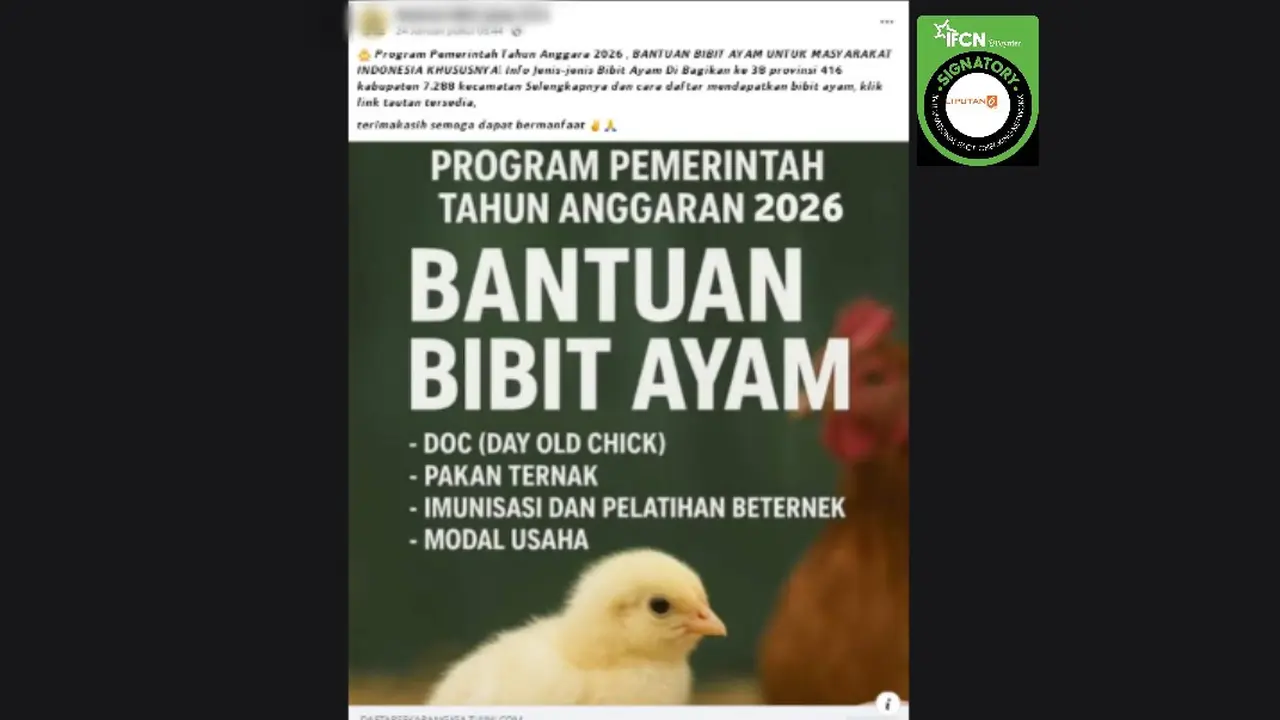 Tangkapan layar postingan klaim tautan pendaftaran bantuan bibit ayam 2026 untuk masyarakat yang beredar di Facebook.