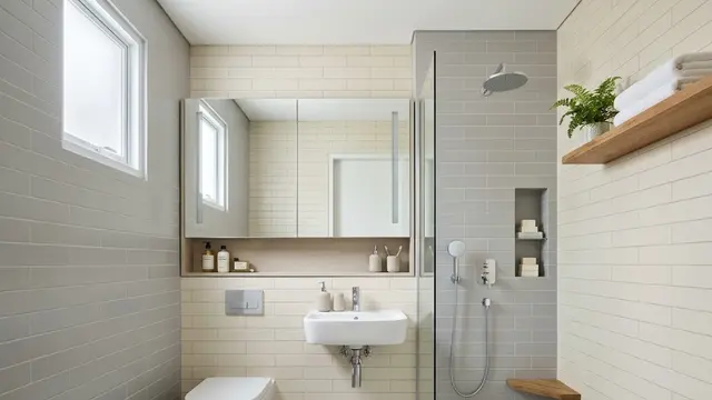 Kamar Mandi Kecil dengan Penyimpanan Vertikal