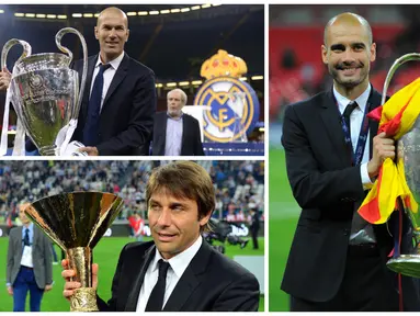Foto kolase Josep Guardiola, Zinedine Zidane, dan Antonio Conte merupakan pemain bertahan yang hebat pada masanya dan sekarang mereka sukses dengan menjadi pelatih di tim mereka masing-masing. (Foto: AFP)