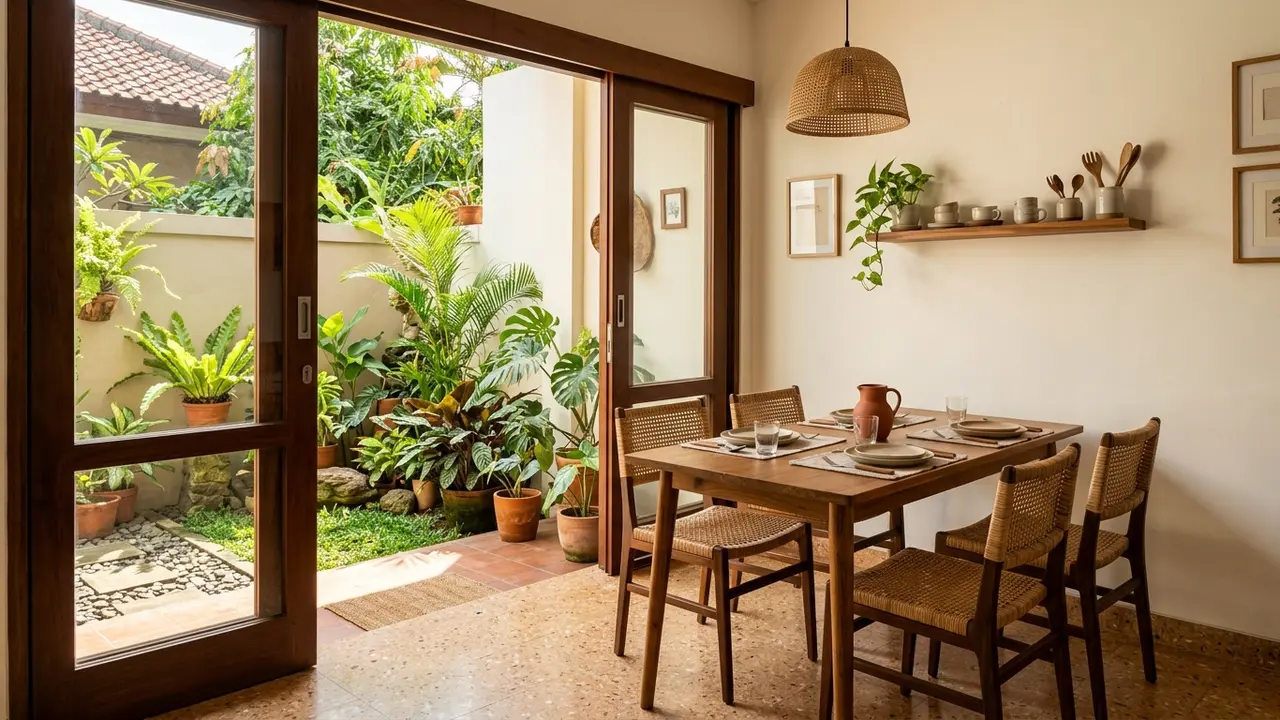 Desain Ruang Makan dengan Pintu Geser yang Menghadap Halaman