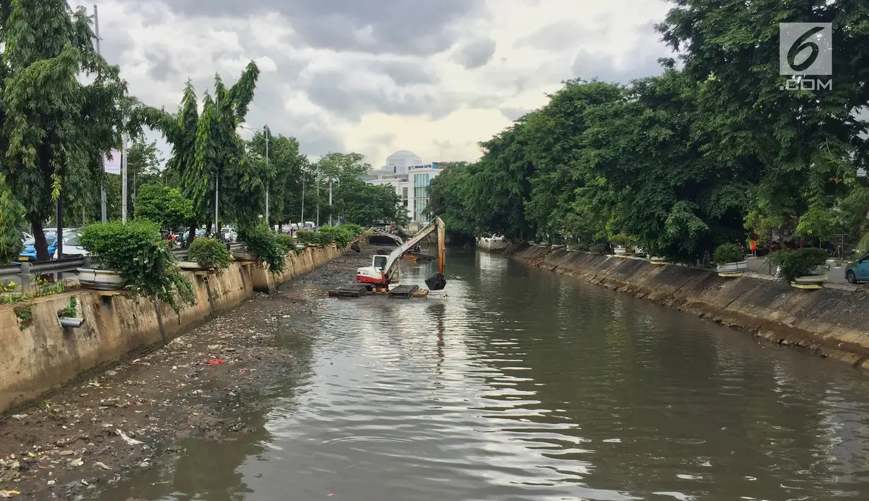Kondisi anak Sungai Ciliwung saat sedang dilakukan pengerukan lumpur dan sampah di Jakarta, Jumat (26/1). Pengerukan dilakukan untuk mencegah pendangkalan sungai. (Liputan6.com/Immanuel Antonius)