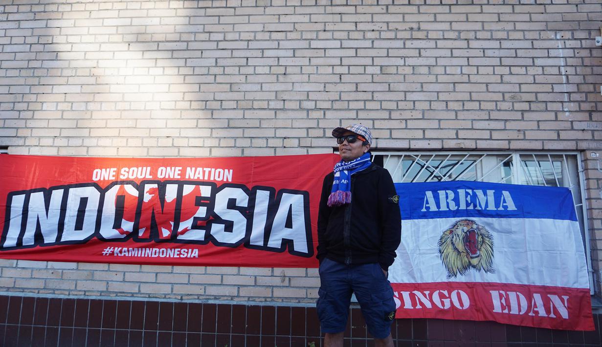 Harie Pandiono, Aremania yang datang ke Moscow, Rusia, untuk menyaksikan Piala Dunia 2018. (Bola.com/Okie Prabhowo)