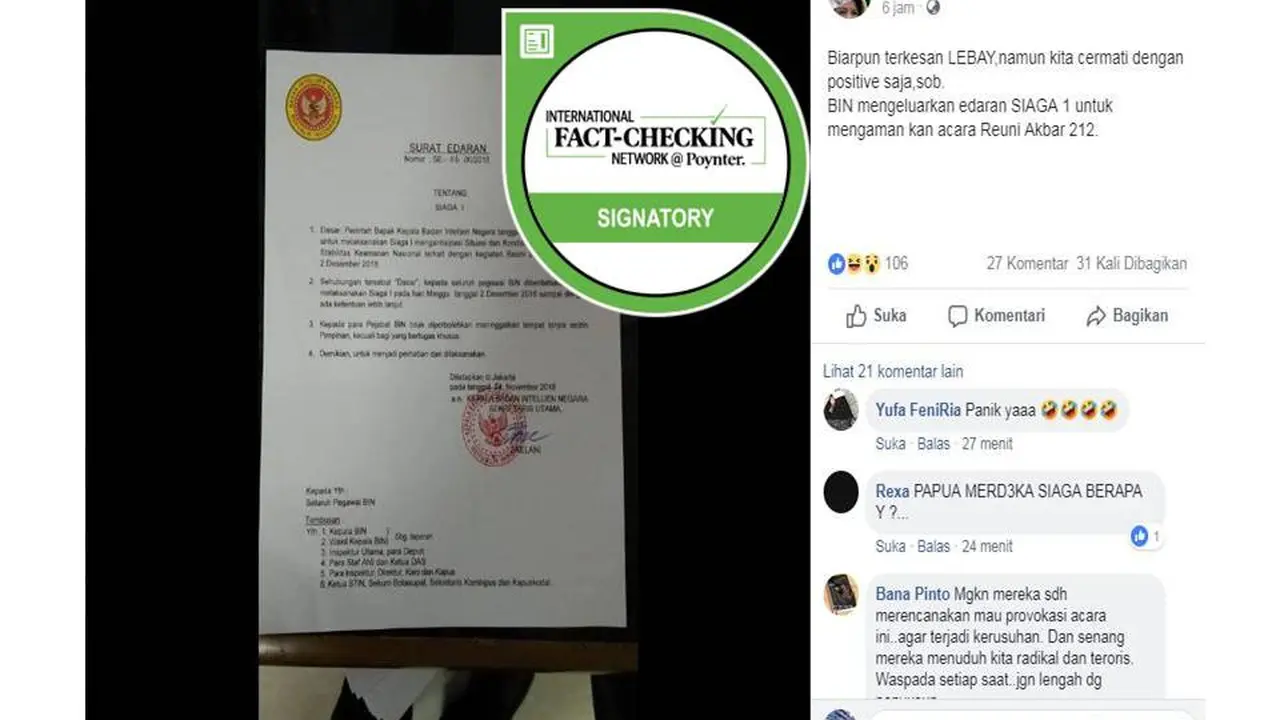 [Cek Fakta] BIN Siaga 1 Jelang Reuni 212, Benarkah?