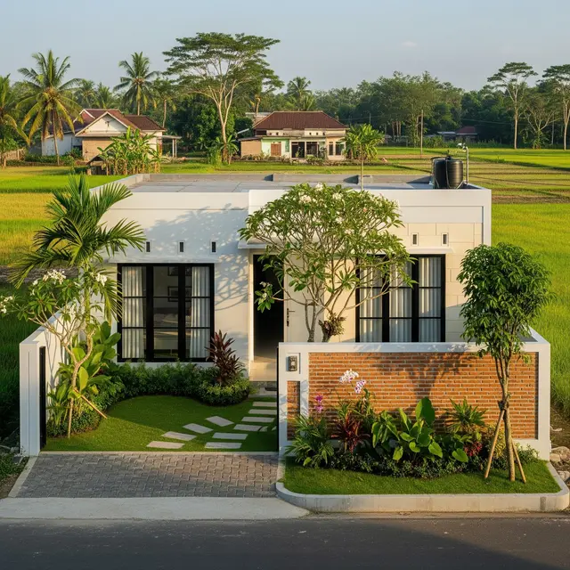 Model Rumah Sederhana Tapi Mewah dengan Atap Datar dan Pagar 2025 yang Cocok untuk Tinggal di Desa (Image by Gemini AI)