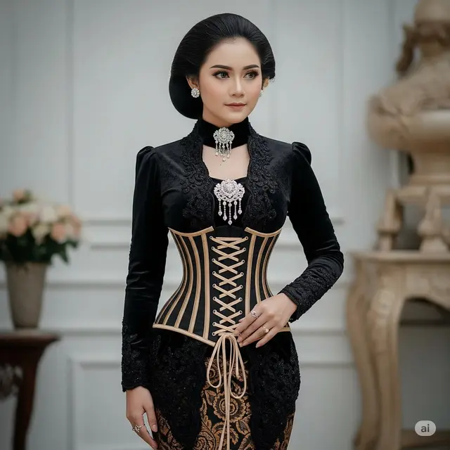 Model Kebaya Brokat Ikat Pinggang Kebaya Victorian Collar + Obi Corset. Foto: Gemini