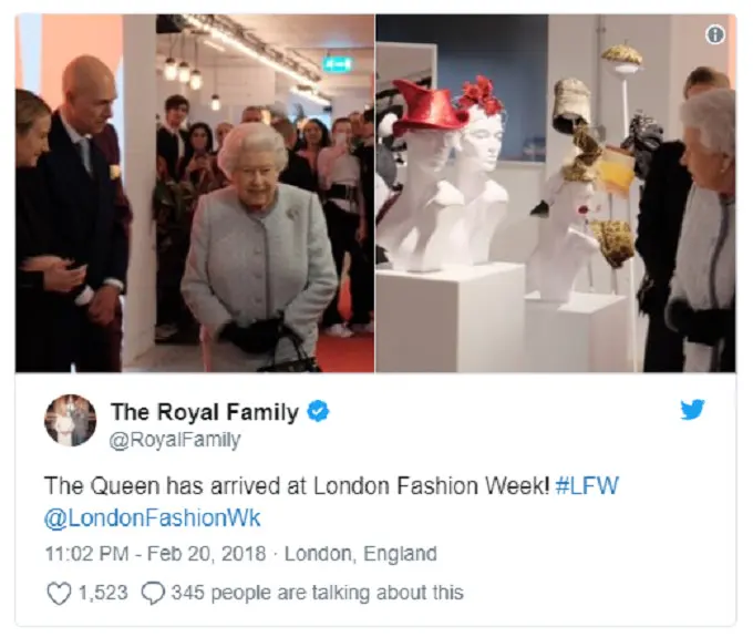 Akun Twitter resmi keluarga kerajaan yang menginformasikan kunjungan Ratu Elizabeth II dalam London Fashion Week, Selasa 20 Februari 2018. (screenshot)