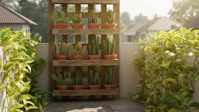 Model Balkon Rumah Sejuk dengan Tanaman Tahan Panas. AI