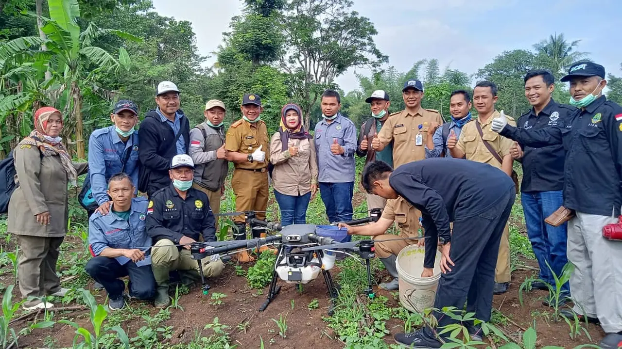 Para penyuluh pertanian di Garut, Jawa Barat tengah mencoba penggunaan penyemprotan obat hama ulat grayak menggunakan drone atau pesawat tanpa awak di area pertanian jagung kecematan Banyuresmi