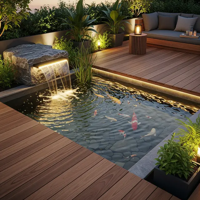 Kolam Ikan Minimalis dengan Lampu Taman yang Hangat (Image by Gemini AI)