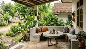 8 Ide Membuat Sudut Santai di Teras Rumah dengan Meja Semen dan Tanaman Rindang