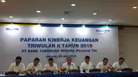 Direktur Utama PT Bank Tabungan Negara Tbk (BTN) Maryono memaparkan kinerja keuangan semester I 2019, di Kantor Pusat BTN, Jakarta, Jumat (26/7/2019).