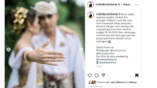 Laura Theux dan Indra Brotolaras umumkan menikah hari ini, Kamis 23 Maret 2023 (Foto oleh @manna.visual @dinarastika.films via Instagram indrabrotolaras)