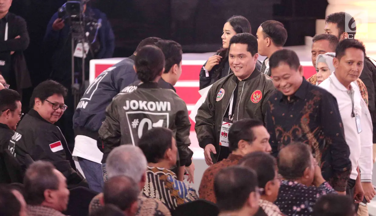 Ketua Tim Kampanye Nasional (TKN) Jokowi-Ma'ruf Amin, Erick Thohir ketika menghadiri Debat Capres di Hotel Sultan, Jakarta, Minggu (17/2). (Liputan6.com/Faizal Fanani)
