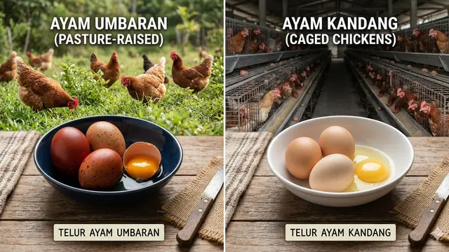 Telur dari Ayam Umbaran vs Ayam Kandang Lebih Sehat Mana? (Sumber: Gemini)