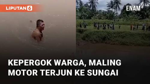 VIDEO: Kepergok Warga, Maling Motor Terjun ke Sungai Jadi Tontonan