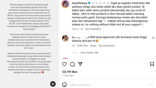 Unggahan Instagram Tasya Farasya.