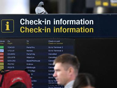 Calon penumpang terlihat di depan papan informasi penerbangan di Bandara Kopenhagen, Denmark, pada 23 September 2025. (Sergei GAPON/AFP)
