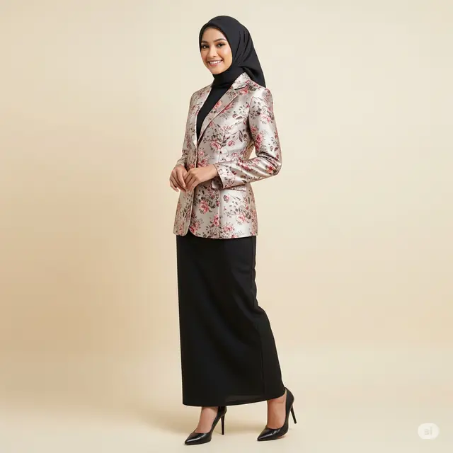 Inspirasi Setelan Baju Pesta Muslimah Blazer Rok Panjang.