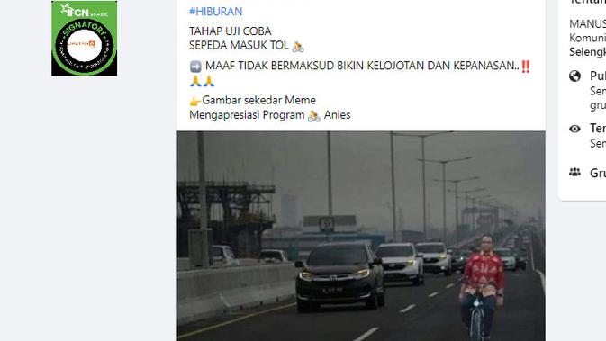 Cek Fakta Liputan6.com menelusuri klaim foto Anies sedang uji coba sepeda masuk tol.