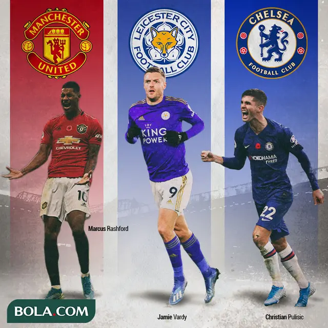 Premier League - Pemain Jamie Vardy, Marcus Rashford, Christian Pulisic