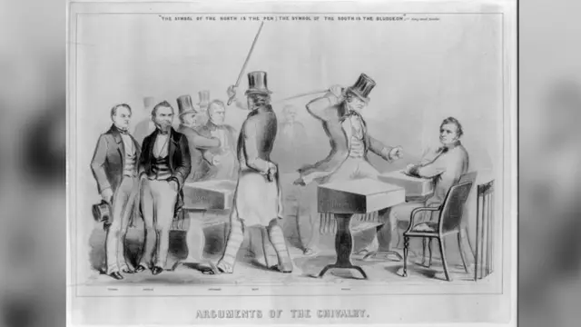 Seorang seniman menggambarkan serangan 22 Mei dan pemukulan hebat terhadap Senator Massachusetts Charles Sumner oleh Rep. Preston S. Brooks dari Carolina Selatan.