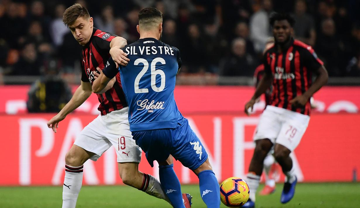 Striker AC Milan, Krzysztof Piatek, berusaha melewati bek Empoli, Matias Silvestre, pada laga Serie A di Stadion San Siro, Milan, Jumat (22/2). Milan menang 3-0 atas Empoli. (AFP/Marco Bertorello)