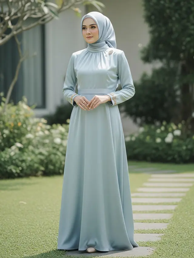 Gaun Maxi Pesta Muslimah Satin Pastel