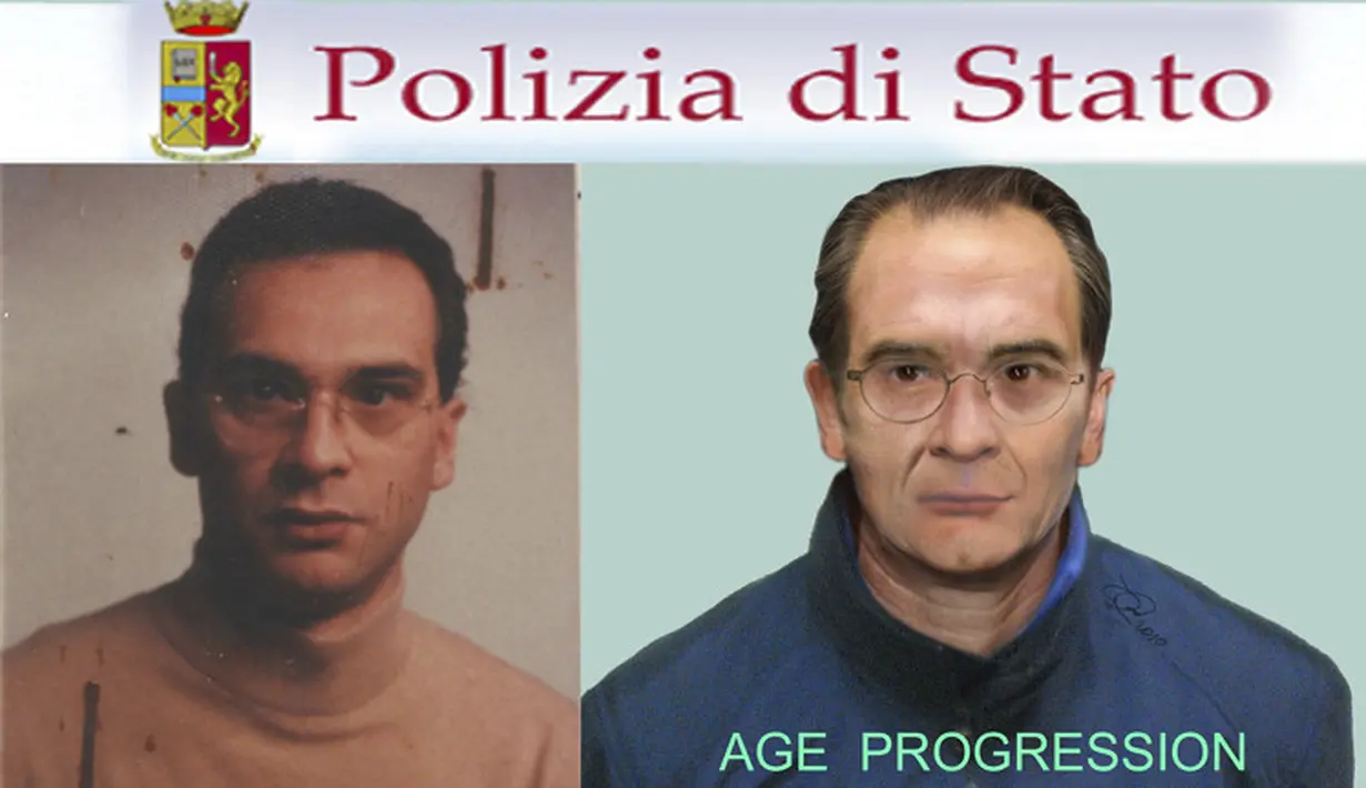 Foto kolase yang menunjukkan gambar yang dihasilkan komputer yang dirilis oleh Polisi Italia (kanan) dan gambar bos mafia nomor satu di Italia Matteo Messina Denaro. Polisi Italia mengatakan pada Senin, 16 Januari 2023, mereka menangkap bos mafia paling dicari di Italia dalam pelarian selama 30 tahun. (Italian Police, LaPresse via AP)