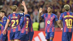 Marcus Rashford usai mencetak gol bersama Barcelona saat melawan Olympiacos di ajang Liga Champions 2025/2026. (MANAURE QUINTERO / AFP)