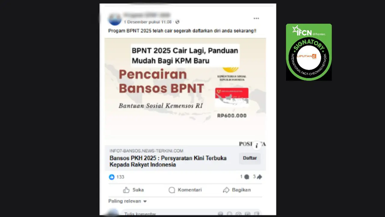 Tangkapan layar klaim link pendaftaran bansos BPNT 2025. Klaim yang tidak benar ini beredar di Facebook.