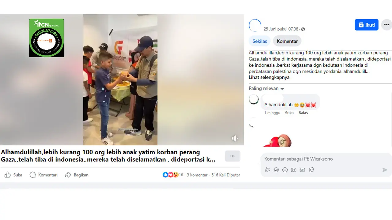 Tangkapan layar klaim video anak yatim korban perang Gaza tiba di Indonesia.