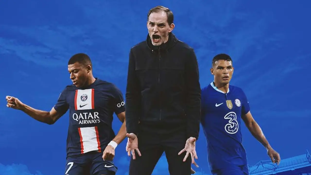 Ilustrasi - Thomas Tuchel dikelilingi Thiago Silva dan Kylian Mbappe