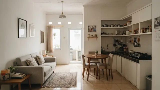 Rumah kecil dengan ruang tamu dan ruang makan menyatu sehingga terlihat elegan untuk hunian KPR dan subsidi model meja makan berada dekat dapur