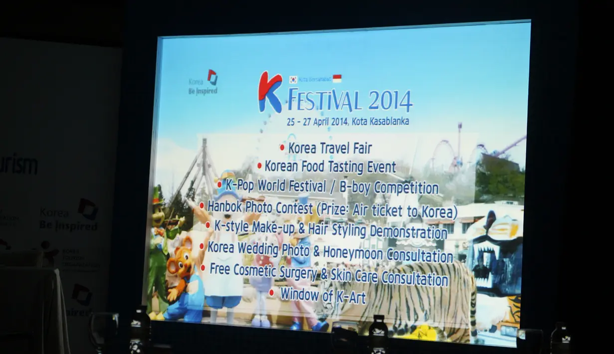 K Festival merupakan ajang promosi seni, budaya dan wisata Korea Selatan yang diselenggerakan oleh KTO di Mall Kota Kasablanca. Banyak penawaran paket wisata yang menarik bagi wisatawan, Hotel Mulia, Jumat (25/04/2014) (Liputan6.com/Gilar Dhani).