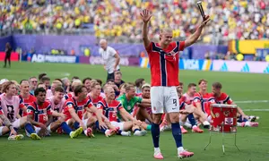 Pemain Erling Haaland usai pertandingan sepak bola babak 16 besar Piala Dunia antara Brasil dan Norwegia di East Rutherford, N.J., dekat New York, Minggu, 5 Juli 2026. (AP Photo/Frank Franklin II)