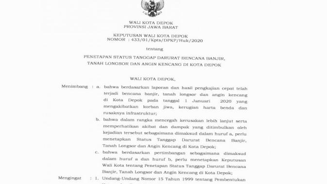 Wali kota Depok Mohammad Idris menetapkan status tanggap darurat bencana banjir, tanah longsor, dan angin kencang di Depok, Jawa Barat pada Kamis (2/1/2020) sejak 1 Januari sampai 14 Januari 2020. (Printscreen Pemerintah Kota Depok)