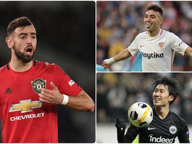Gelandang Manchester United, Bruno Fernandes, berhasil memuncaki daftar top skor sementara Liga Europa 2019/2020 usai mencetak gol ke gawang Copenhagen pada laga perempat final. Berikut daftar top skor sementara Liga Europa musim ini. (kolase foto AFP)
