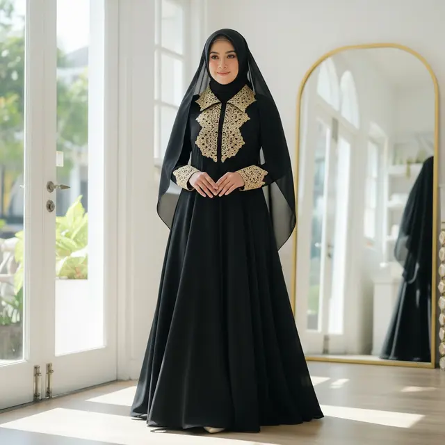 9 Model Gamis Hitam Simple Elegan Kombinasi Brokat Gold untuk Pesta Malam, Elegan