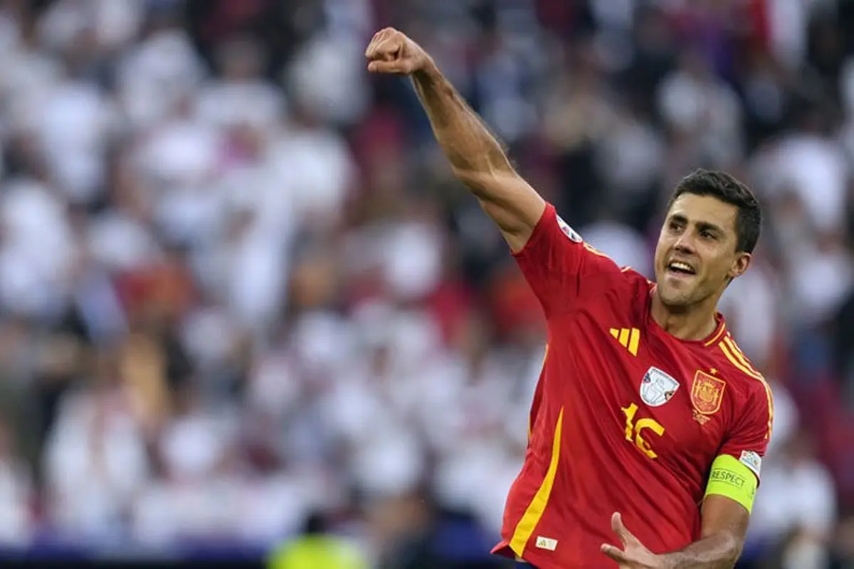 Euro 2024: Selebrasi pemain Spanyol, Rodri (c) AP Photo/Antonio Calanni