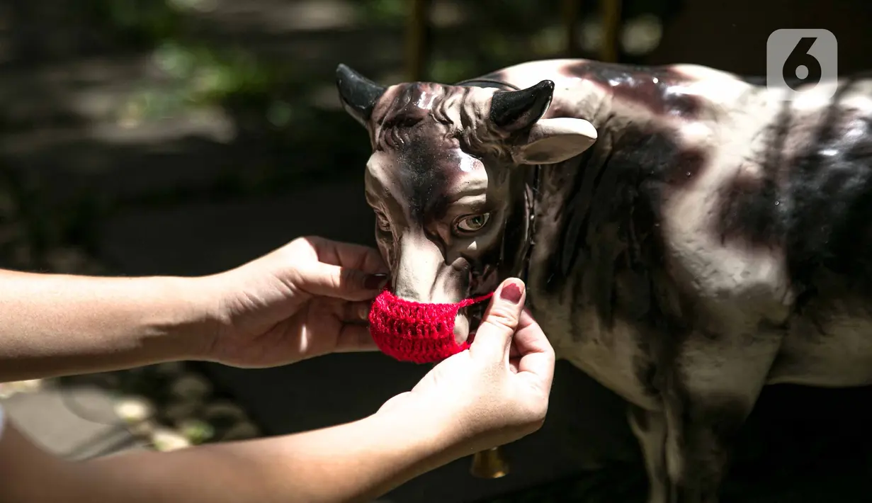 Patung sapi dipasangi masker selama masa pandemi virus corona COVID-19 di Gereja Theresia, Jakarta, Minggu (20/12/2020). Dekorasi bernuansa pandemi COVID-19 dan kesederhanaan disiapkan untuk memeriahkan perayaan Natal tahun ini. (Liputan6.com/Faizal Fanani)