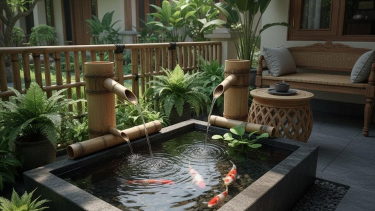 8 Model Kolam Ikan Mini Ornamen Bambu di Teras Rumah yang Klasik tapi Segar, Cantik dan Estetik