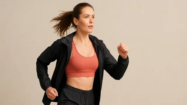 outfit lari menggunakan sport bra dan celana pendek tapi tetap sopan dan dipadukan dengan jaket ringan.