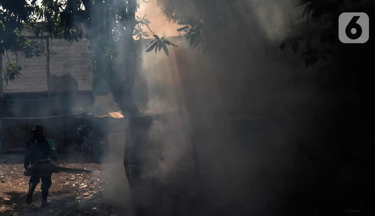 Petugas melakukan pengasapan atau fogging di kawasan perumahan Jalan Delima Raya, Jakarta Barat, Senin (25/10/2021). Pemyemprotan guna membasmi nyamuk Aedes aegypti yang menyebabkan penyakit demam berdarah (DBD) saat musim hujan di kawasan pemukiman warga. (Liputan6.com/Johan Tallo)