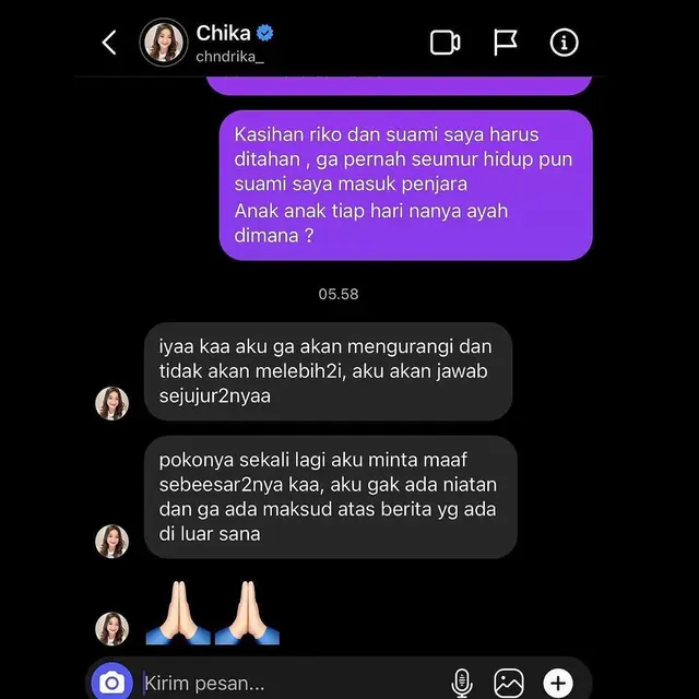 Istri Putra Siregar Bongkar Isi Chat dari Chandrika Chika, Sampaikan Permohonan Maaf