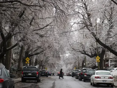 Seseorang menyeberang jalan saat es di atas dahan pohon terlihat setelah hujan es melanda sebagian Quebec dan Ontario di Montreal, Kanada, pada 5 April 2023. (AFP/Andrej Ivanov)